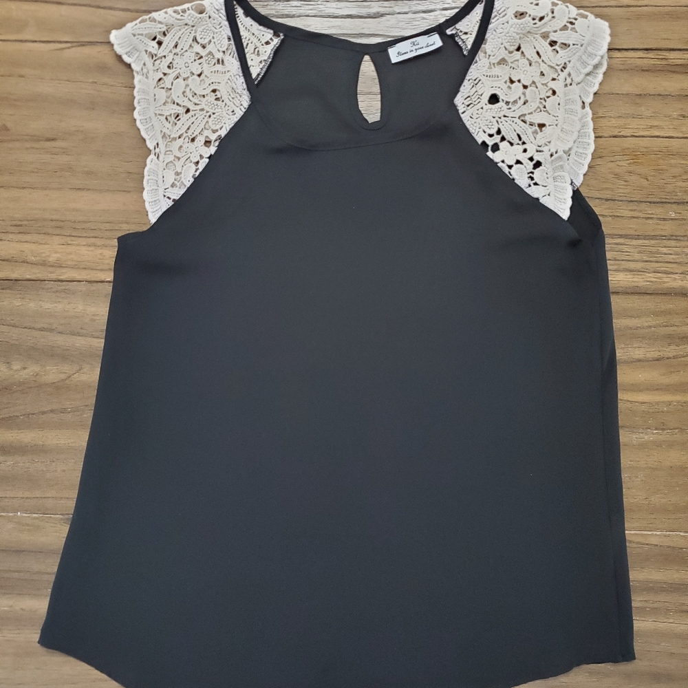 Kii Black TShirt with Lace Sleeves Size S